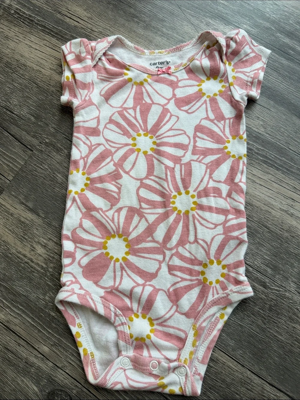 Carter's Yellow, Pink, Rust Floral & Patterned Baby Onesies set of 4, Size 9M - Picture 4 of 5